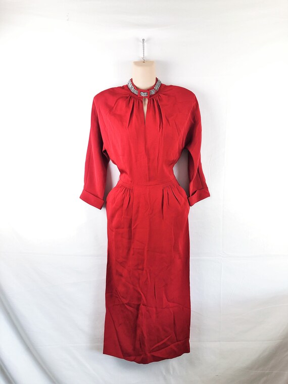 Amazing Vintage 1940s 40s Red Rayon Rhinestone Dre