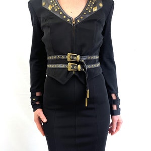 Vintage 1990s 90s WOW Designer Stretchy Body Con Black Leather Buckle Dress John Murrough image 3