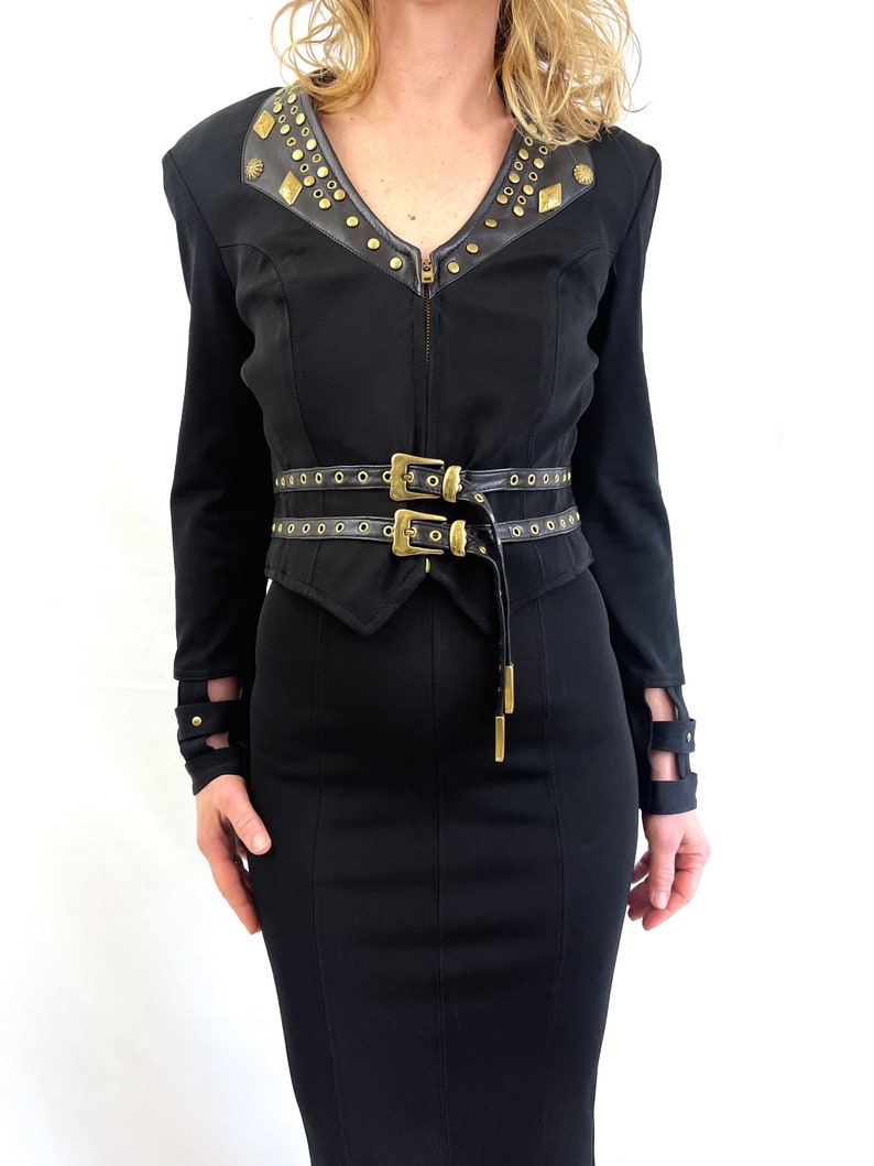 Vintage 1990s 90s WOW Designer Stretchy Body Con Black Leather Buckle Dress John Murrough image 3