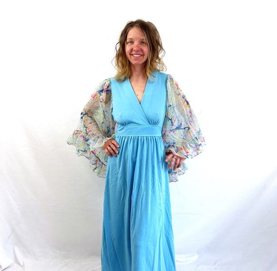 WOW Vintage 1970s 70s Blue Polyester Maxi Angel B… - image 3
