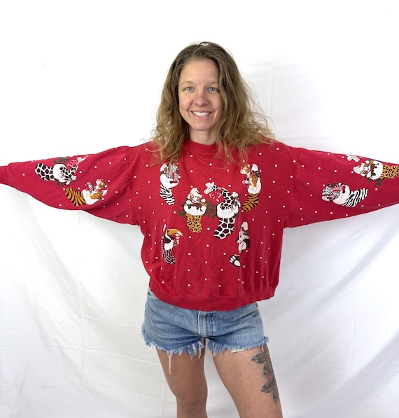 トップス vintage 80s SPUMONI mama sweat Vintage 80s 1980s Red Puffy Christmas Holiday Sweatshirt - Spumoni