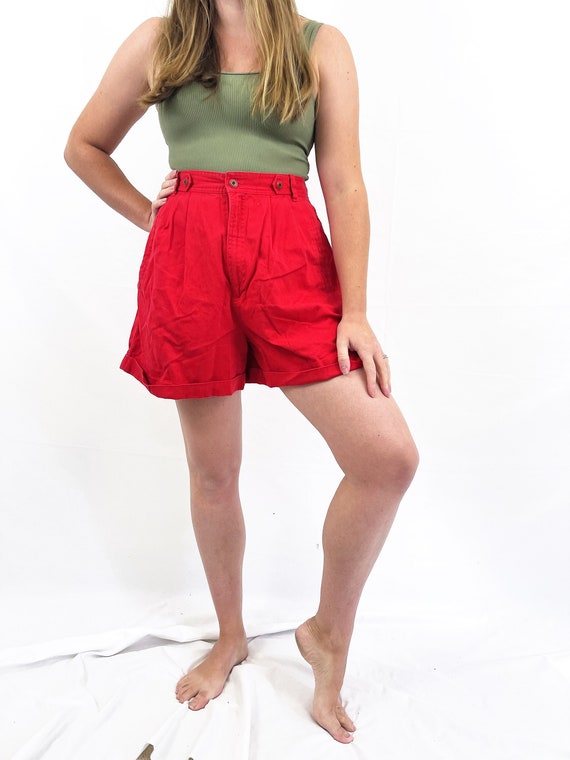 Vintage 1990s 90s Red Cotton Pleated High Waisted… - image 1