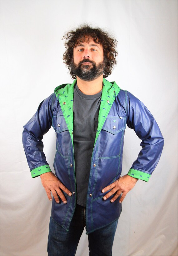 Vintage 80s Blue Green Duck Print Raincoat Jacket