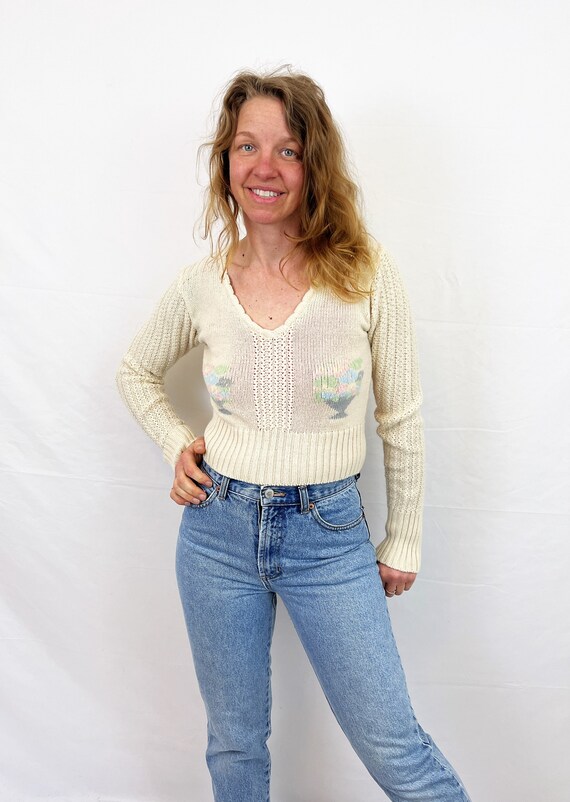 Vintage 1970s Super Cute Cropped Knit Sweater - B… - image 5