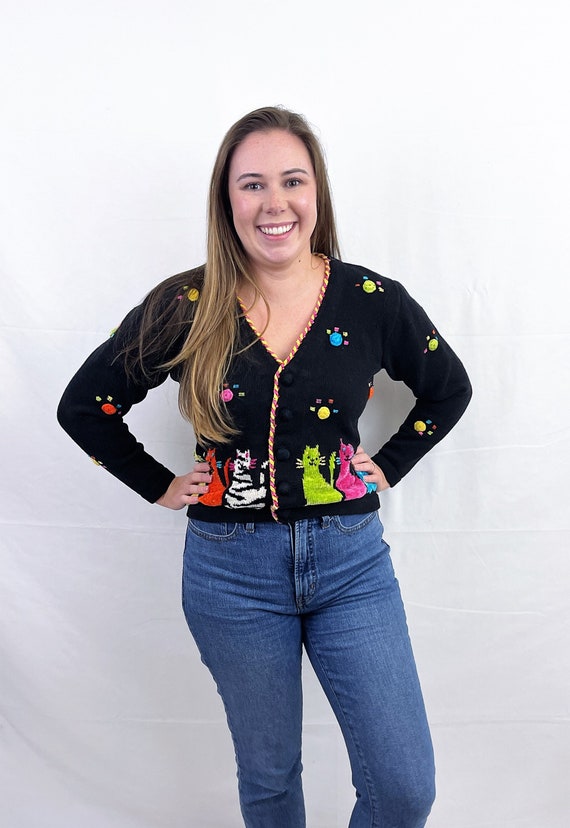 Vintage 1990s 90s Y2K Rainbow Cat Cute Cardigan S… - image 1