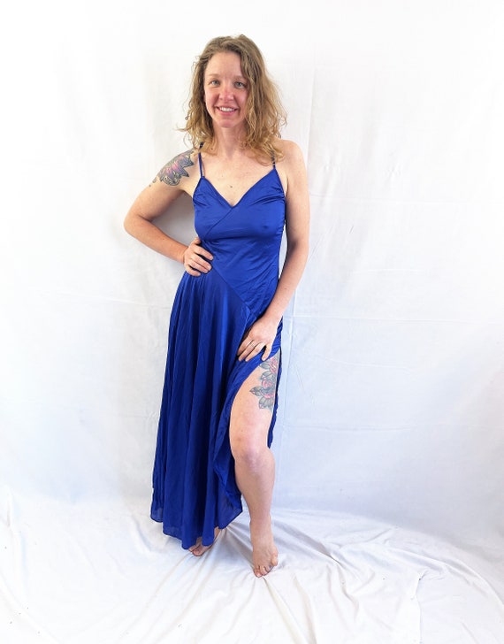 Vintage 1980s 80s Blue Nylon Lingerie Maxi Slip -… - image 1