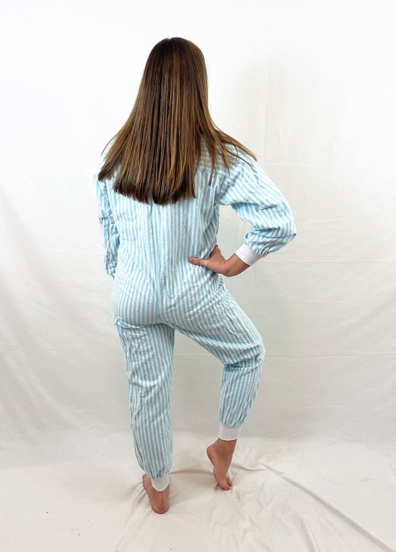 Vintage 80s Teddy Bear Blue Striped Flannel Pajam… - image 5