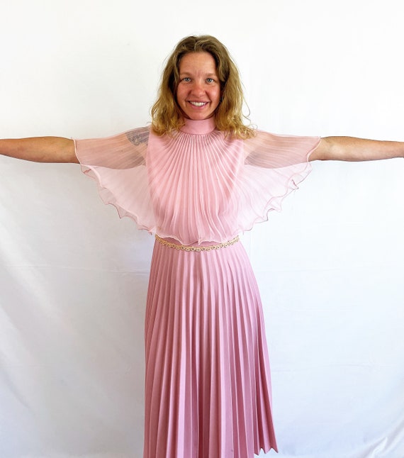 Vintage 1970s Miss Rubette 70s Pink Pleated Ruffle