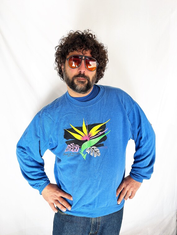 RogueRetro Vintage 80s Ski Hawaii Blue Sweatshirt - Birds of Paradise