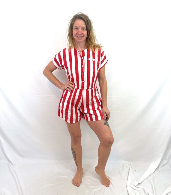 WOW Vintage 80s 1980s Red White Striped Onesie Ro… - image 4