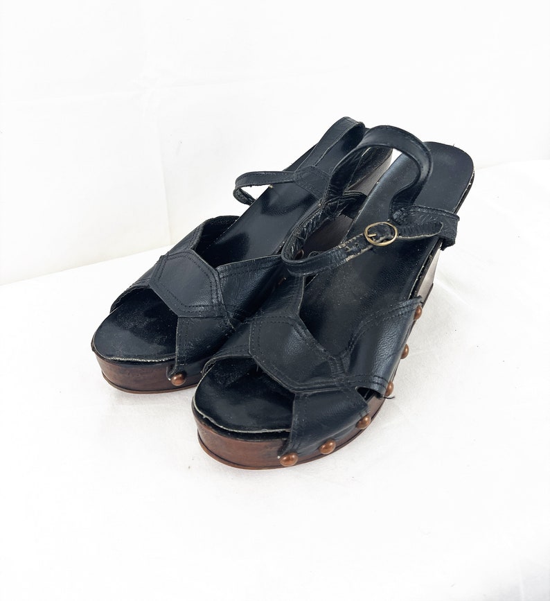 WOW Vintage Super RARE 1970s 70s Wooden Heel Chunky Leather Sandal Wedge Wood Shoes Huge Slingbacks Heels Pumps Sandals image 2
