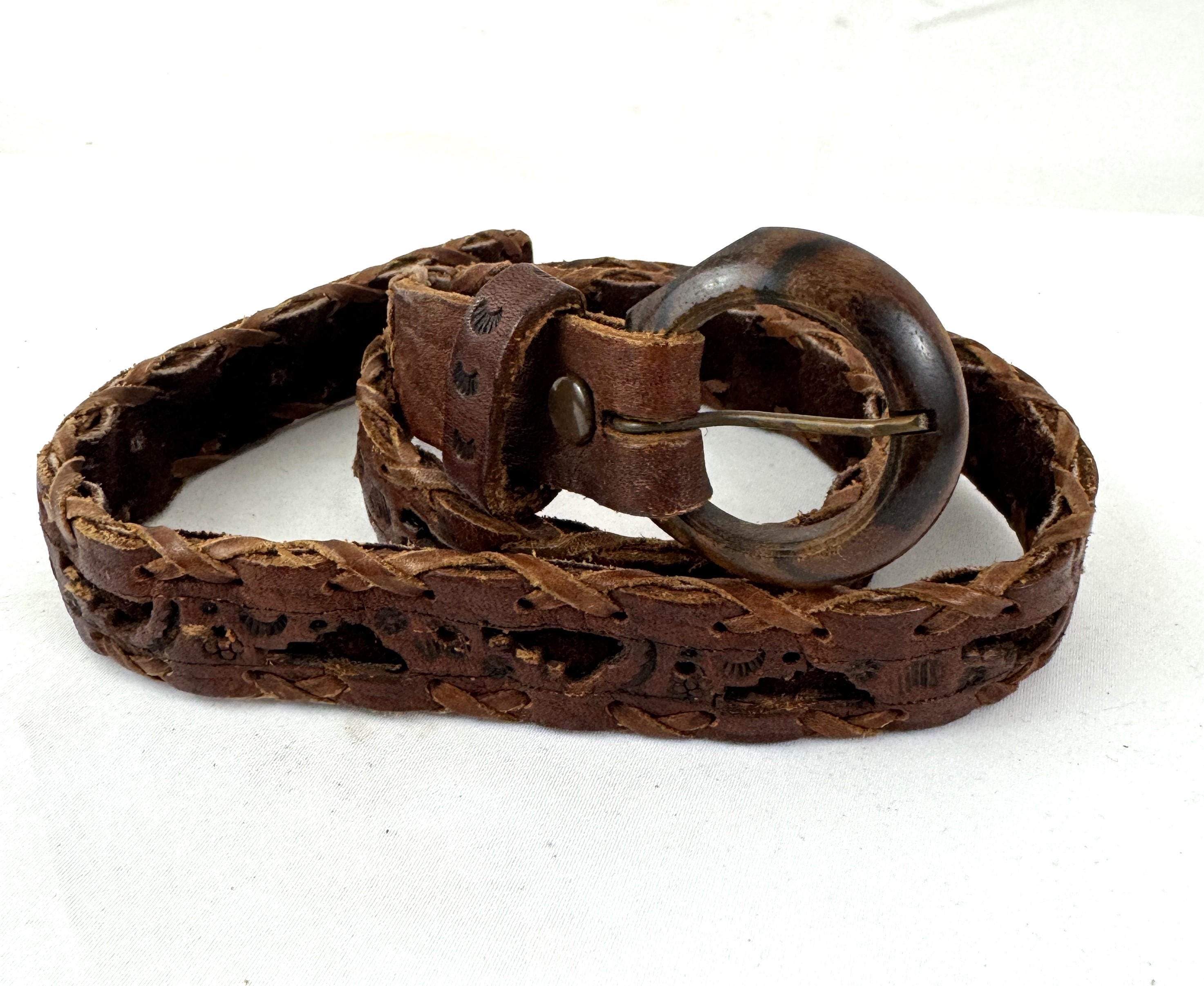 Vintage Tooled Leather Skinny Woven Cowhide Handmade Mexico  display picture 1