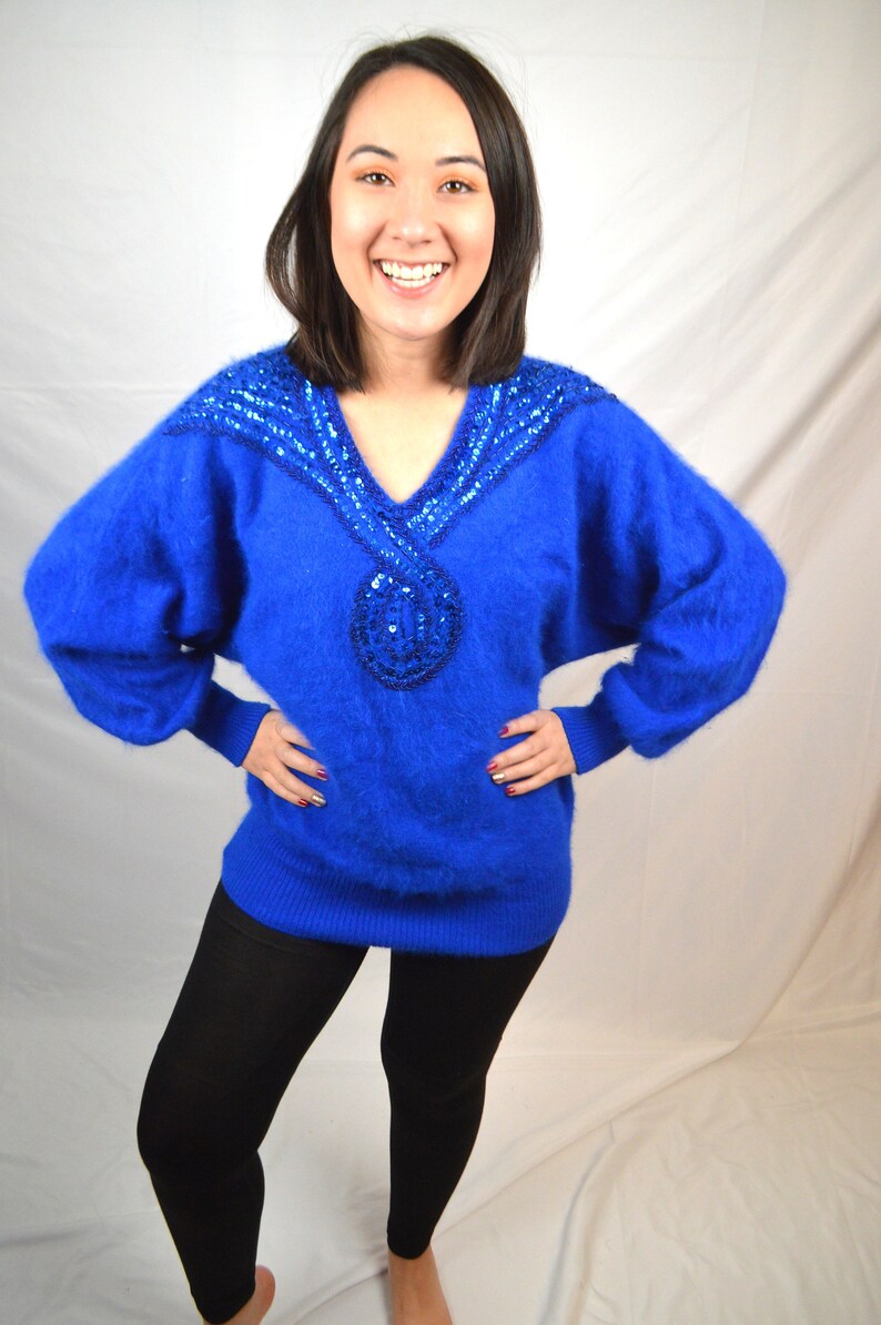 Vintage 80s Angora Beaded Sequin Blue Oversized Sweater Top