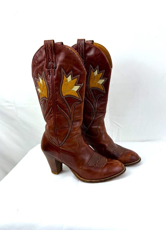 Vintage Dan Post Brown Leather Patchwork Flower W… - image 4