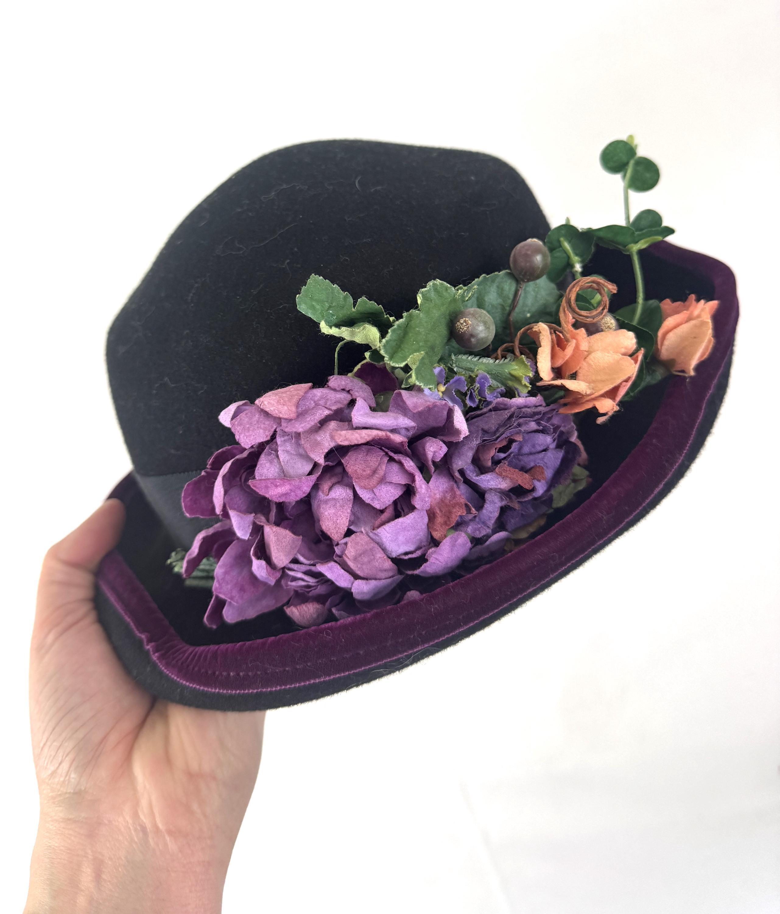 Vintage 1980s 90s Wool Floral Blossom Designer Grunge Hat 