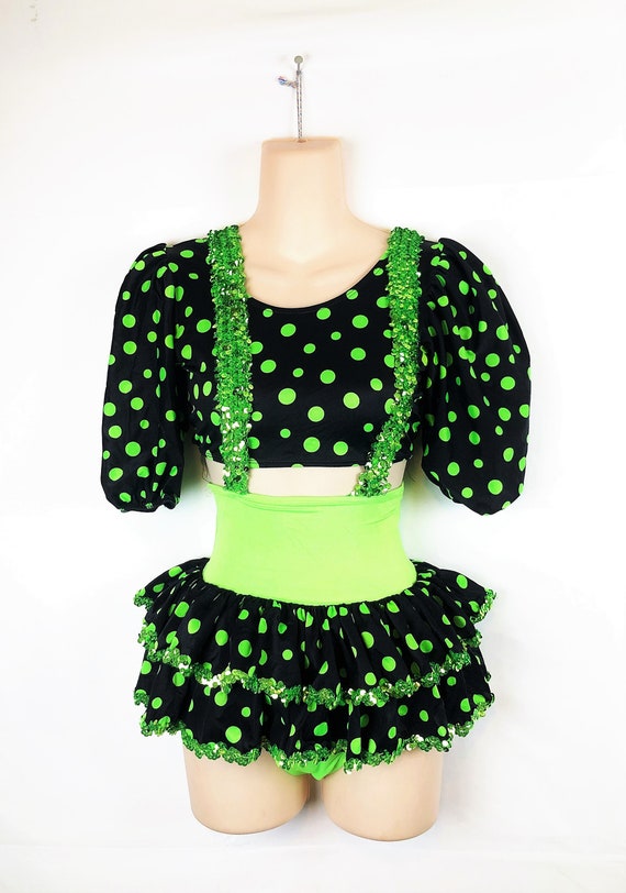 Vintage Neon Green Polka Dot Suspender Sequin Fun