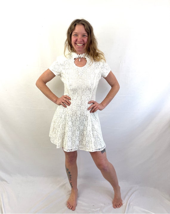 Vintage 80s 90s DBY White Lace Mini Dress - image 1