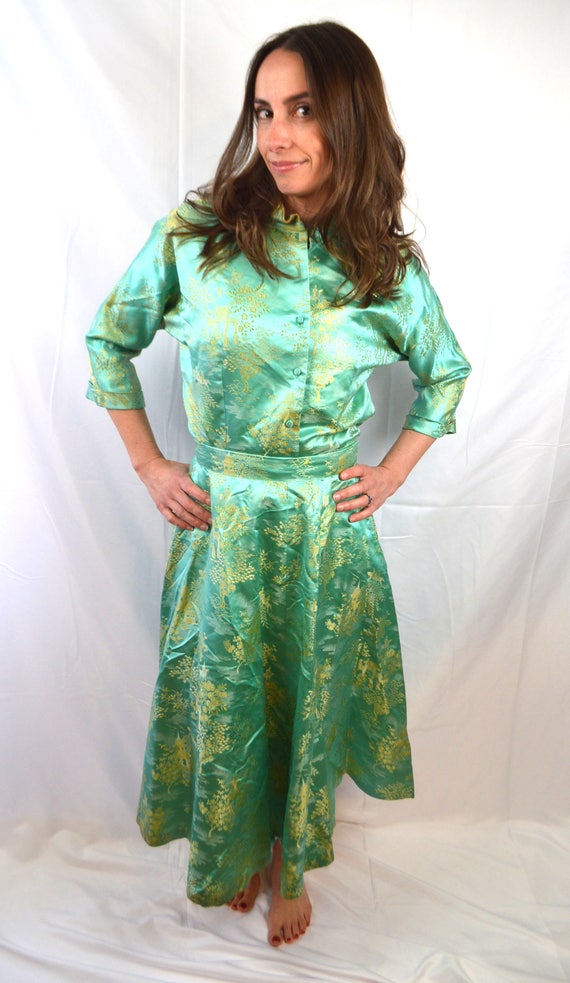 Vintage 1960s 60s Brocade Asian Set Skirt and Top