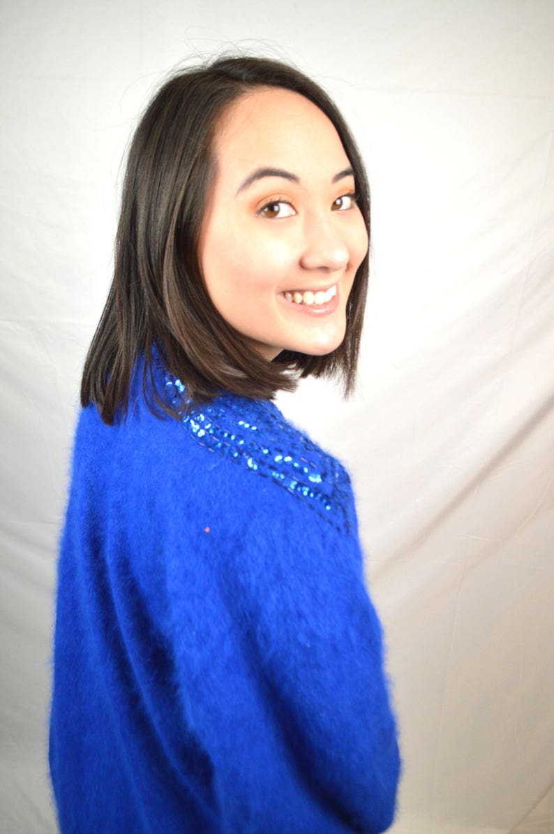 Vintage 80s Angora Beaded Sequin Blue Oversized Sweater Top