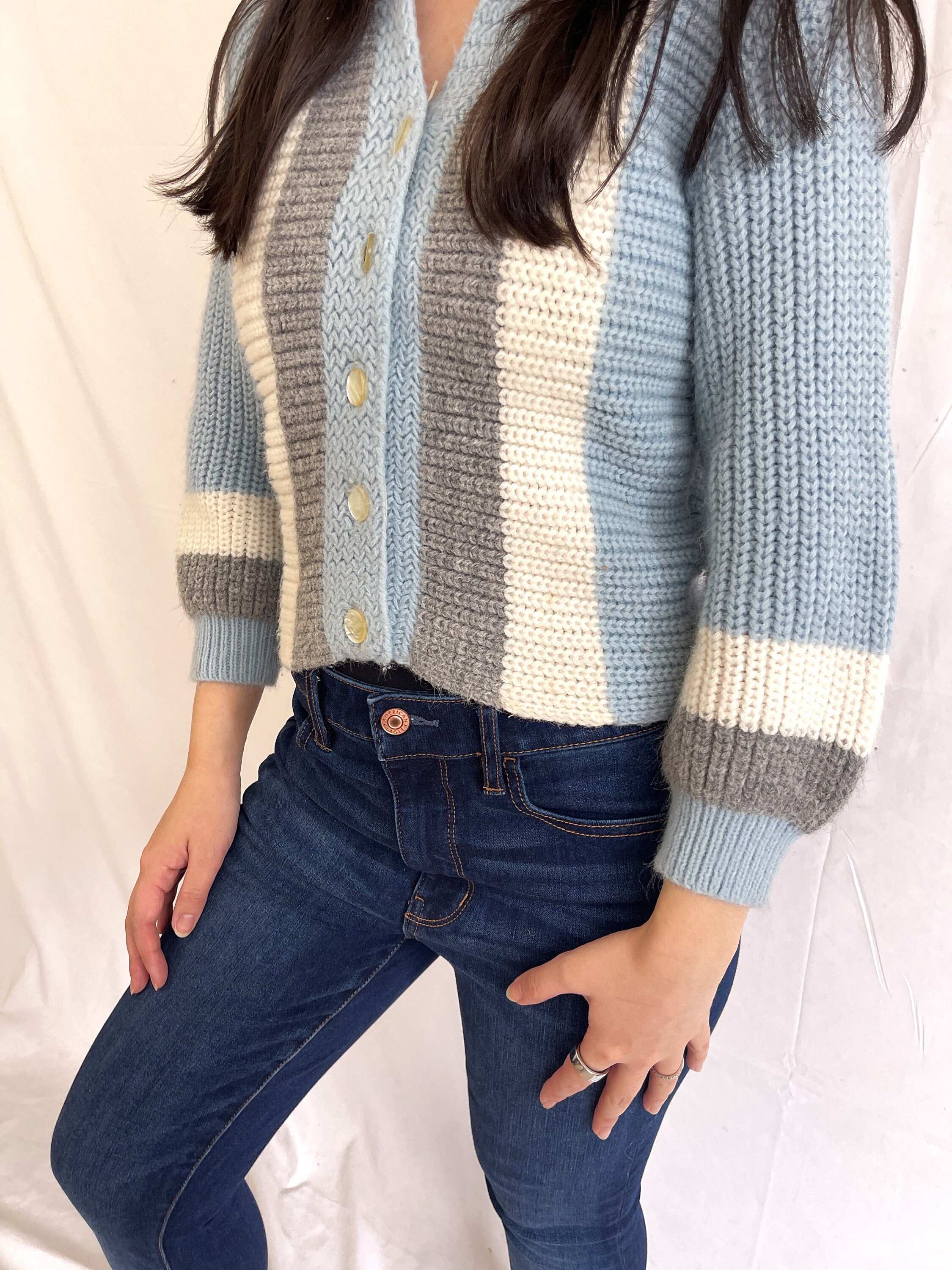 Vintage 1950s 1960s Striped Blue Cardigan Sweater - Korlane Rex by
