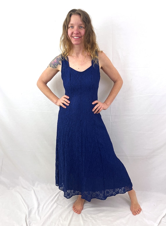 Vintage 80s All That Jazz Blue Lace Maxi Dress - image 2