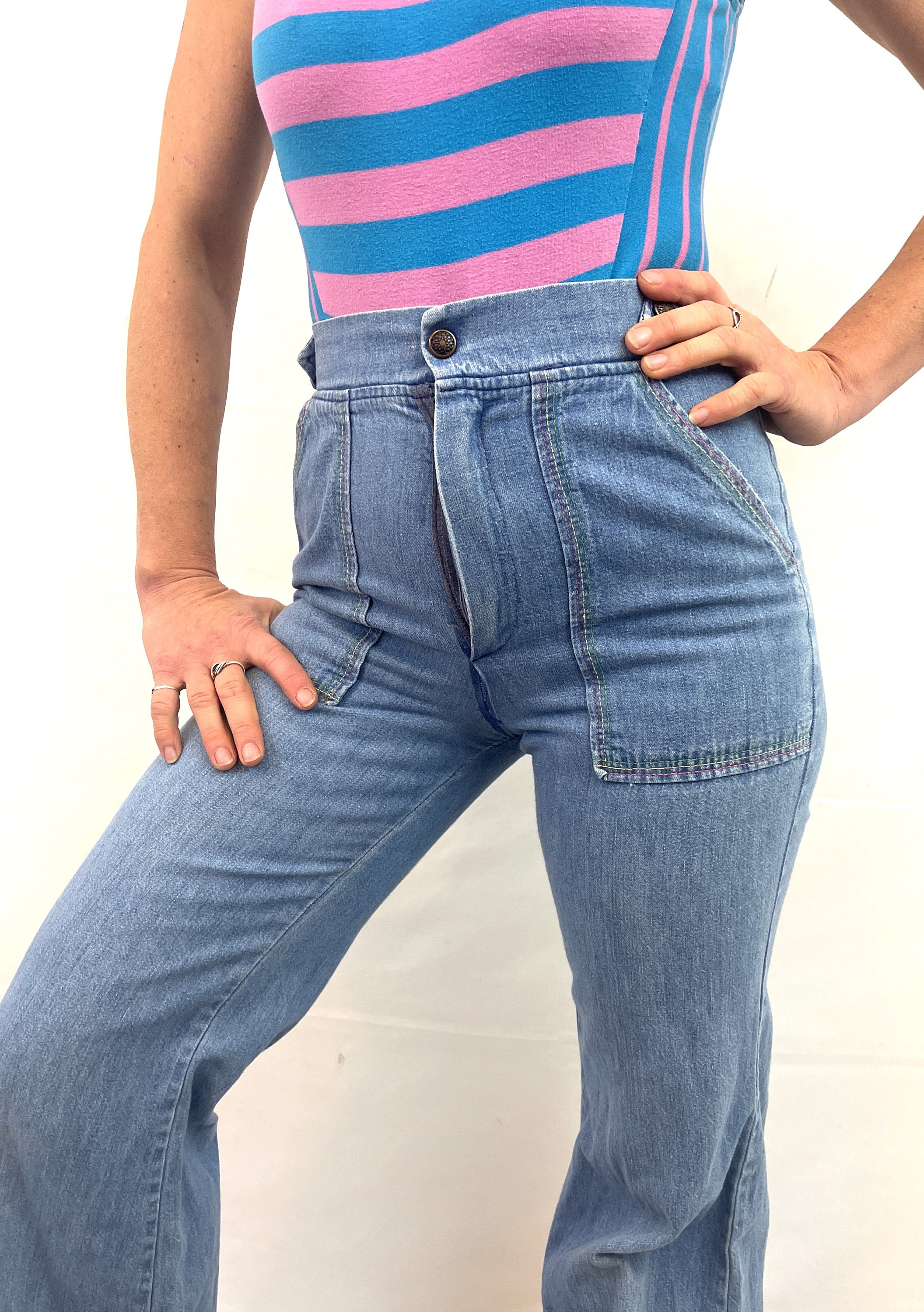 パンツ 90's Denim Rainbow Stitch Bell Bottoms il_fullxfull.5565636450_d5bv.jpg