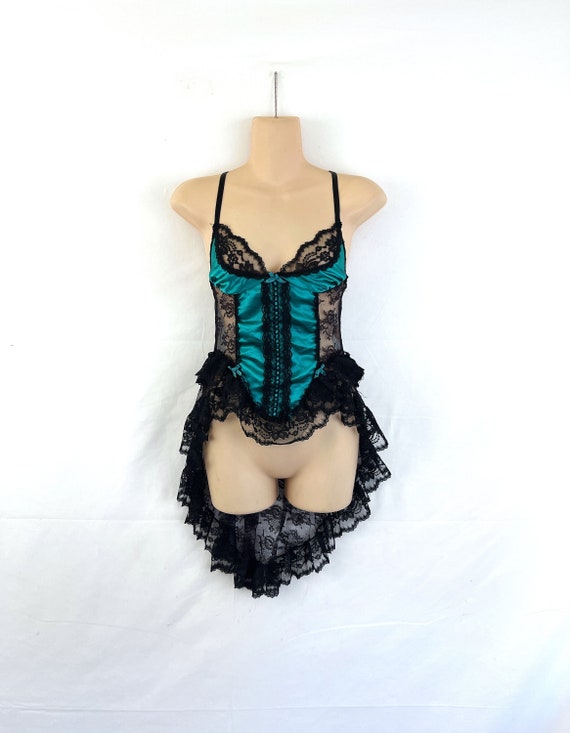 Vintage 1980s 80s Nylon Black Green Lace Teddy Lin