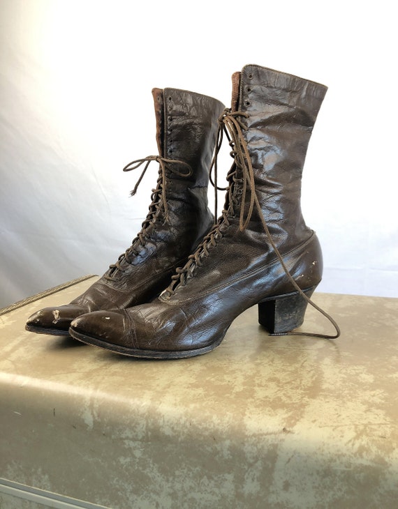 Vintage Antique 1910s 1920s Lace Up Brown Leather