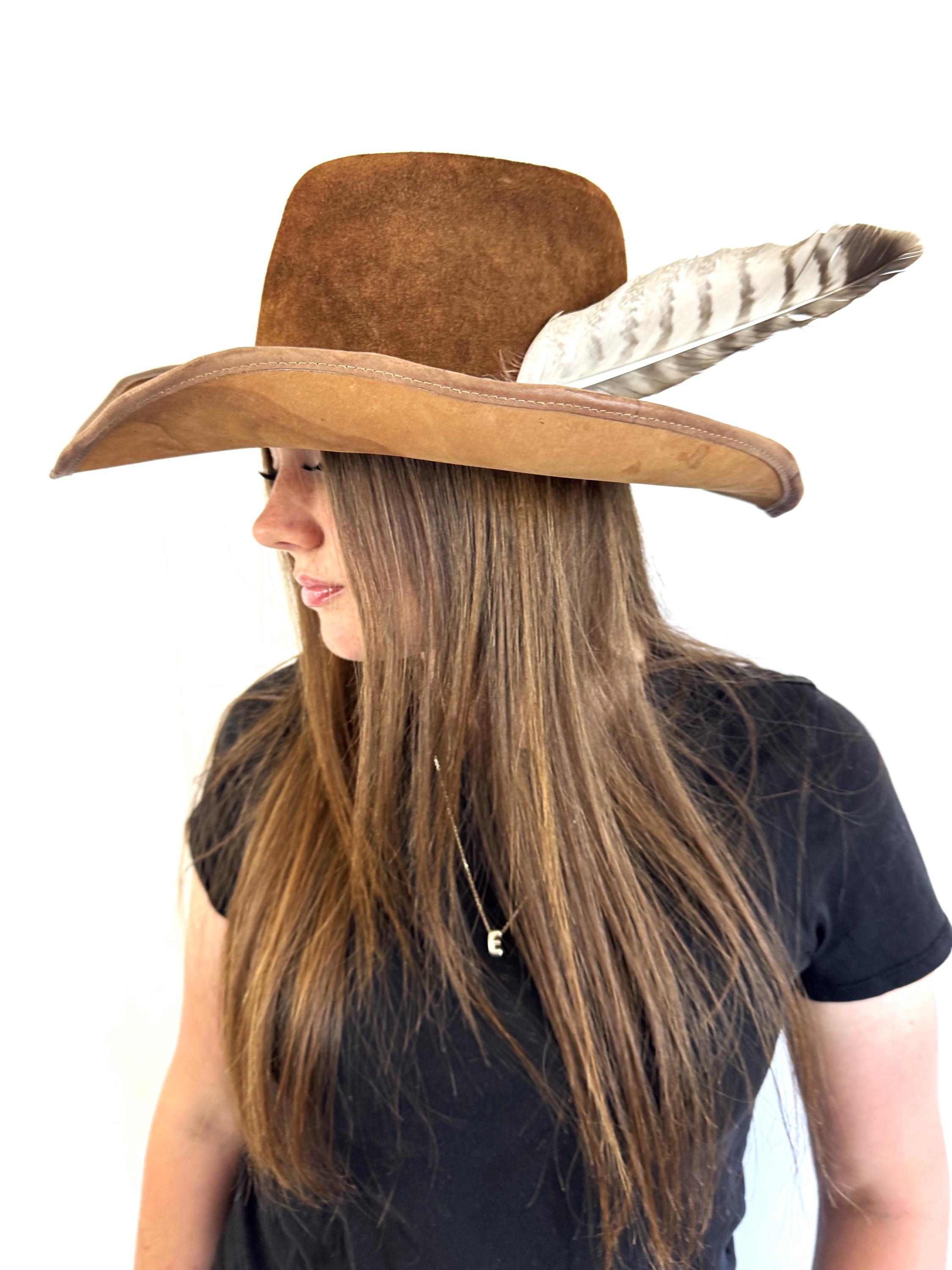 Vintage GW Brown Cowboy Western Hat With Feathers Medium Retro display picture 1