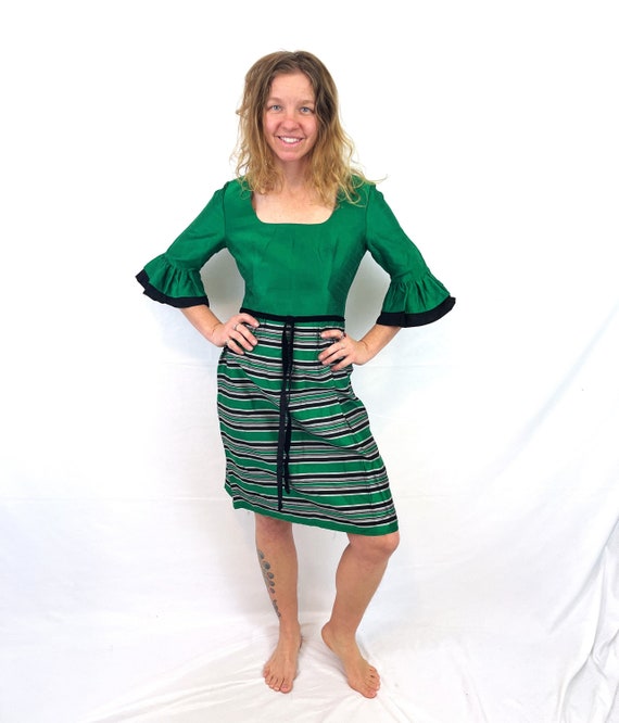 Vintage 1970s 70s Designer Green Striped Flared Sl