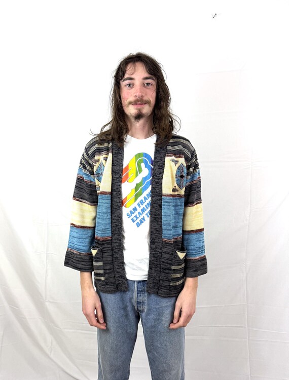 Pull cardigan hippie vintage années 70 en acrylique à manches