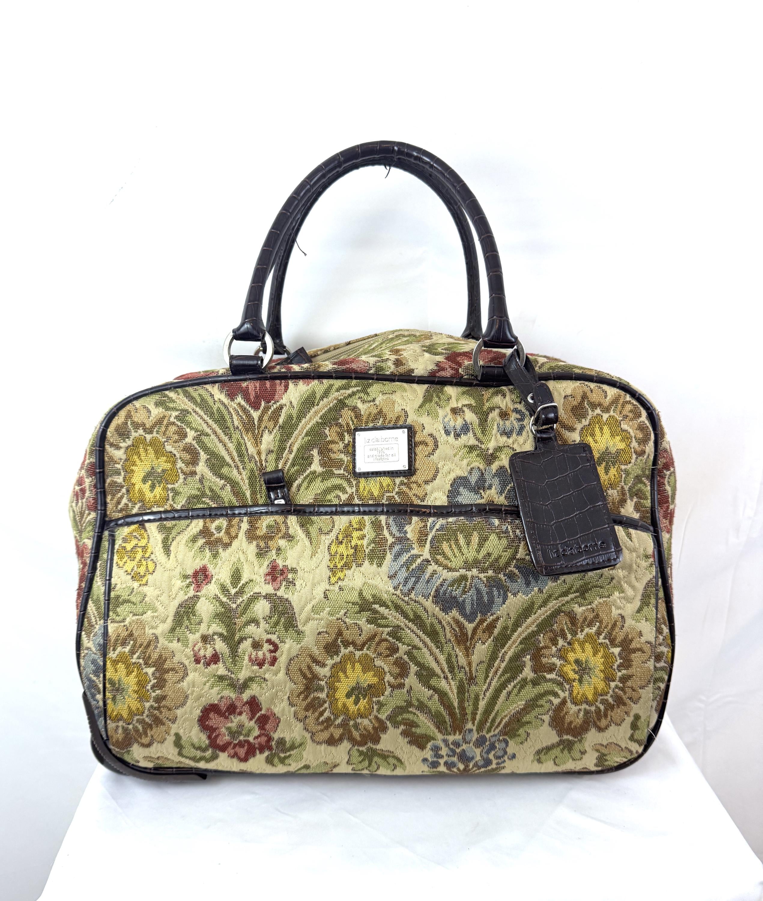 Vintage 90s Liz Claiborne Floral Tapestry Rolling Duffel Weekender