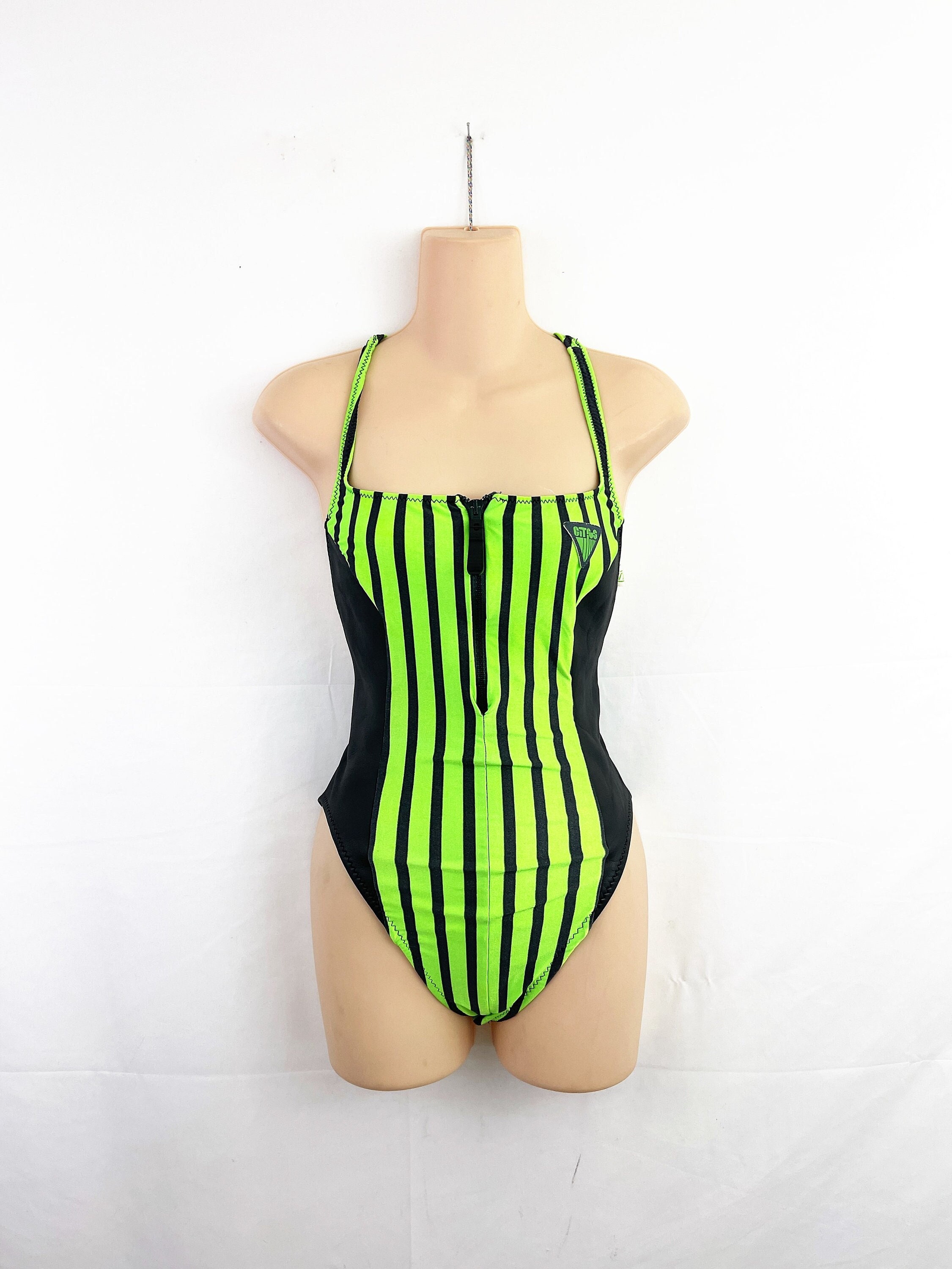 Great 80s 1980s Vintage Neon Green Black Racer Racerback Swimsuit