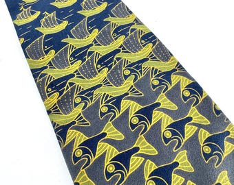 Vintage 90s 1990s MC Escher All Over Print Silk Neck Tie Necktie - Tessellation Sky and Water - Made in Italy