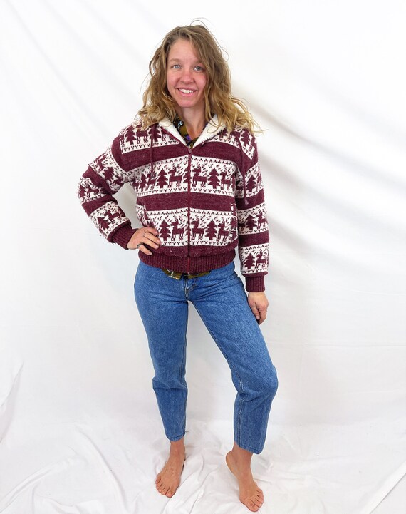 Vintage 1980s 80s Knit Reindeer Winter Sweater Jac