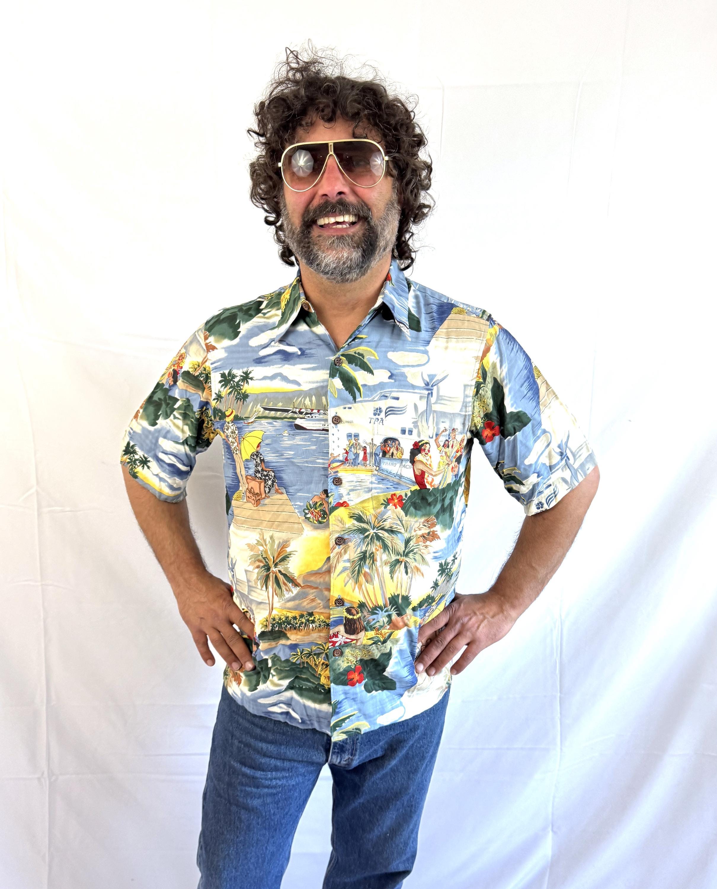 OldieGoldies - Hommes chemise hawaïenne, rayon floral bleu, manches