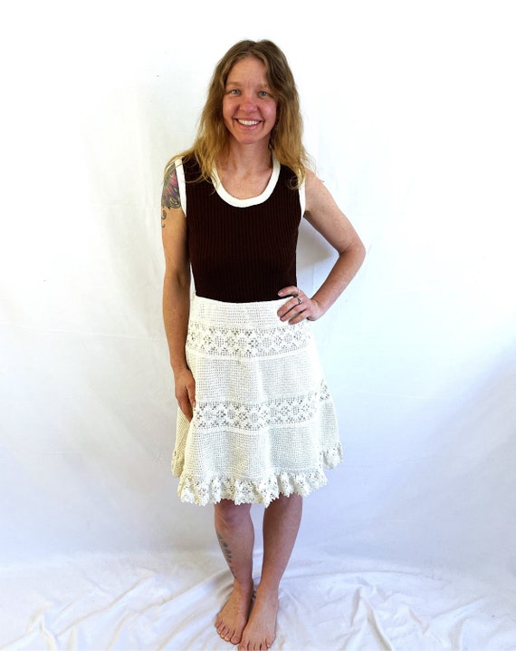 Vintage 1970s 70s Knit Brown White Dress and Match
