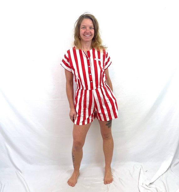 WOW Vintage 80s 1980s Red White Striped Onesie Ro… - image 1