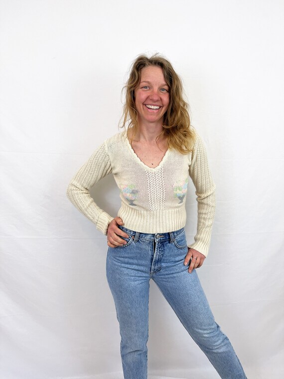 Vintage 1970s Super Cute Cropped Knit Sweater - B… - image 3