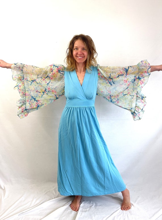 WOW Vintage 1970s 70s Blue Polyester Maxi Angel Be