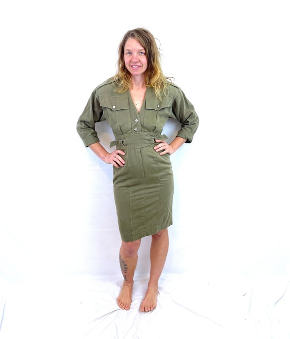 Vintage 1980s 80s Khaki Fitted Power Dress - Sarah