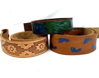 Vintage Bianchi Tooled Leather Ranger Basket Belt Solid  display picture 2