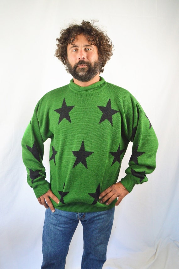 Vintage 80s WOW Green Wool Star Oversized Sweater