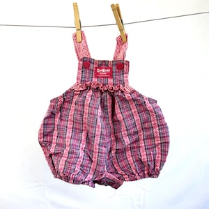 SUPER RARE Vintage 1990s Osh Kosh B&#39;Gosh Oshkosh Bubble Romper Plaid Onesie Overalls - Size 6 - 9 months