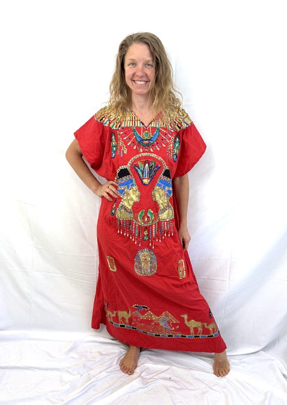 red egyptian dress 1940s Novelty Print Egyptian Revival Dress Red Black TLC