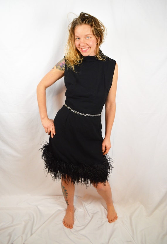 Vintage 60s Marabou Feather Black Party Dress