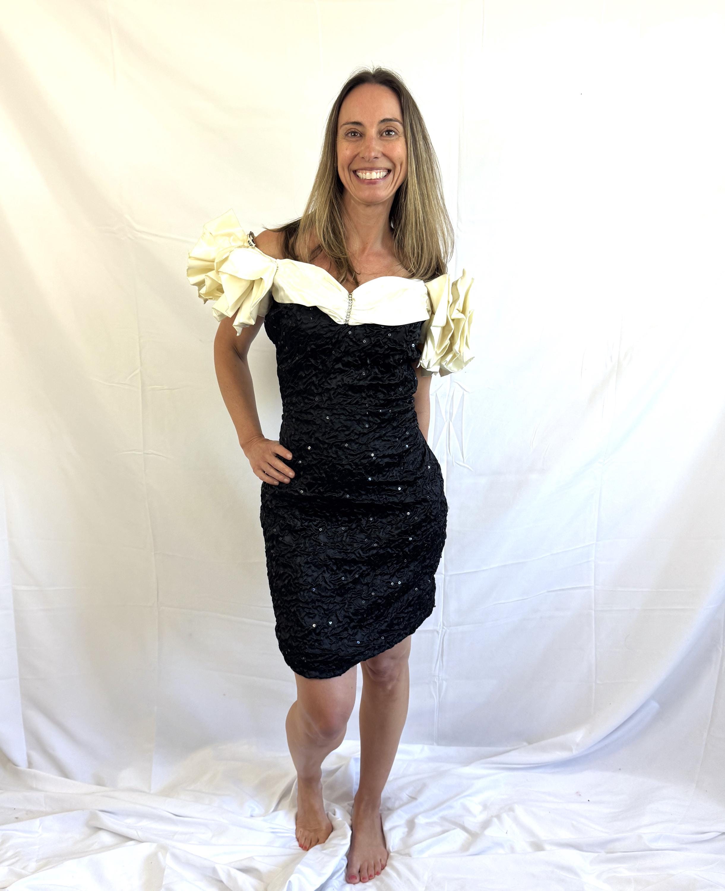 超特価激安 1980s Vintage 80s Party Hoco Ruffle Sequined White Black ワンピース