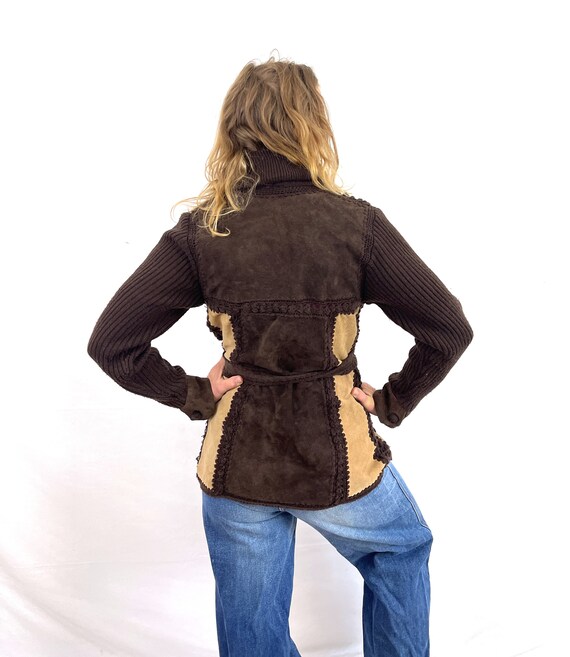 Vintage 70s 1970s Suede and Knit Brown Cardigan S… - image 3