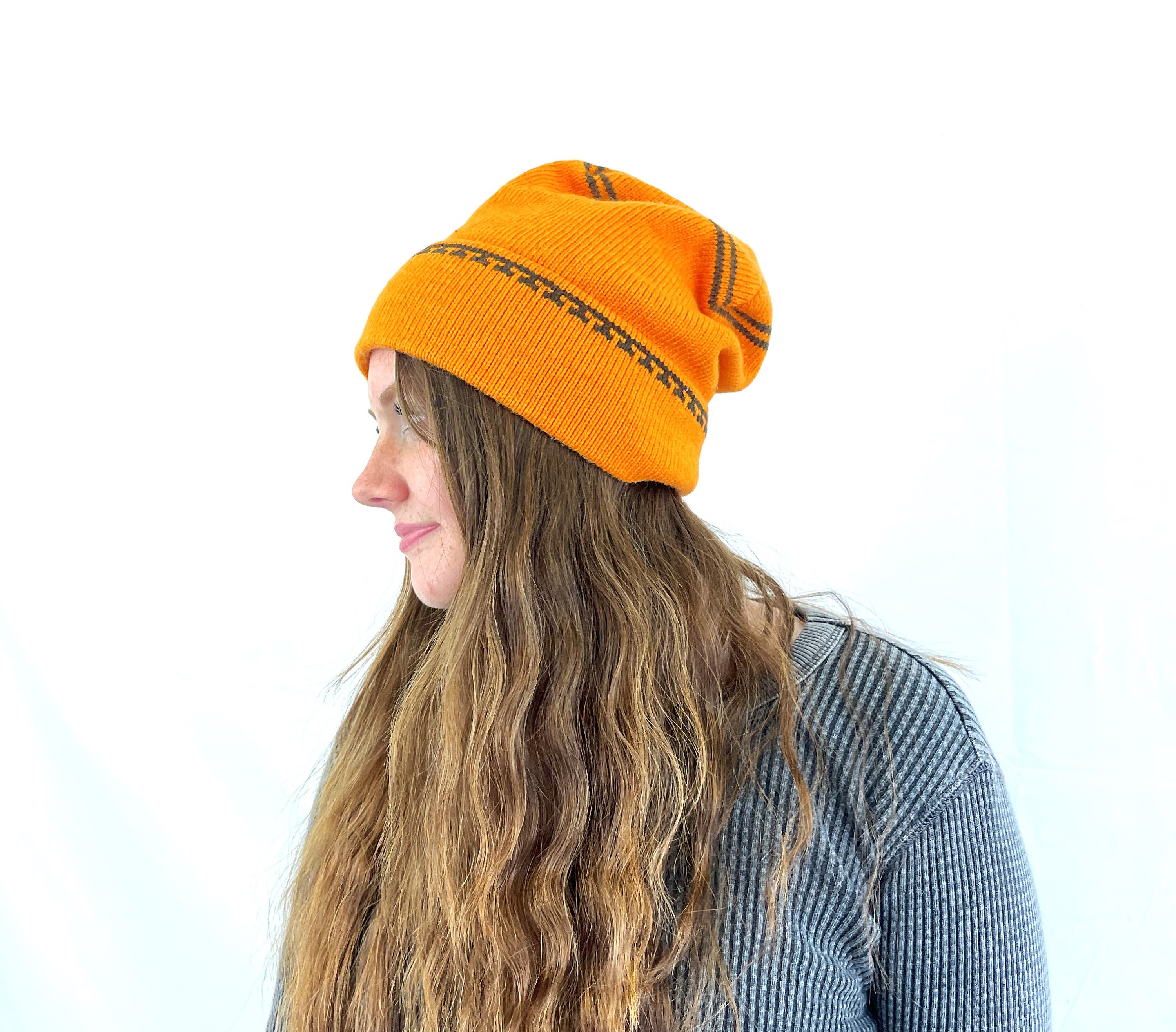 Vintage 1970s 70s Orange Snowbird Winter Wool Knit Ski Hat 