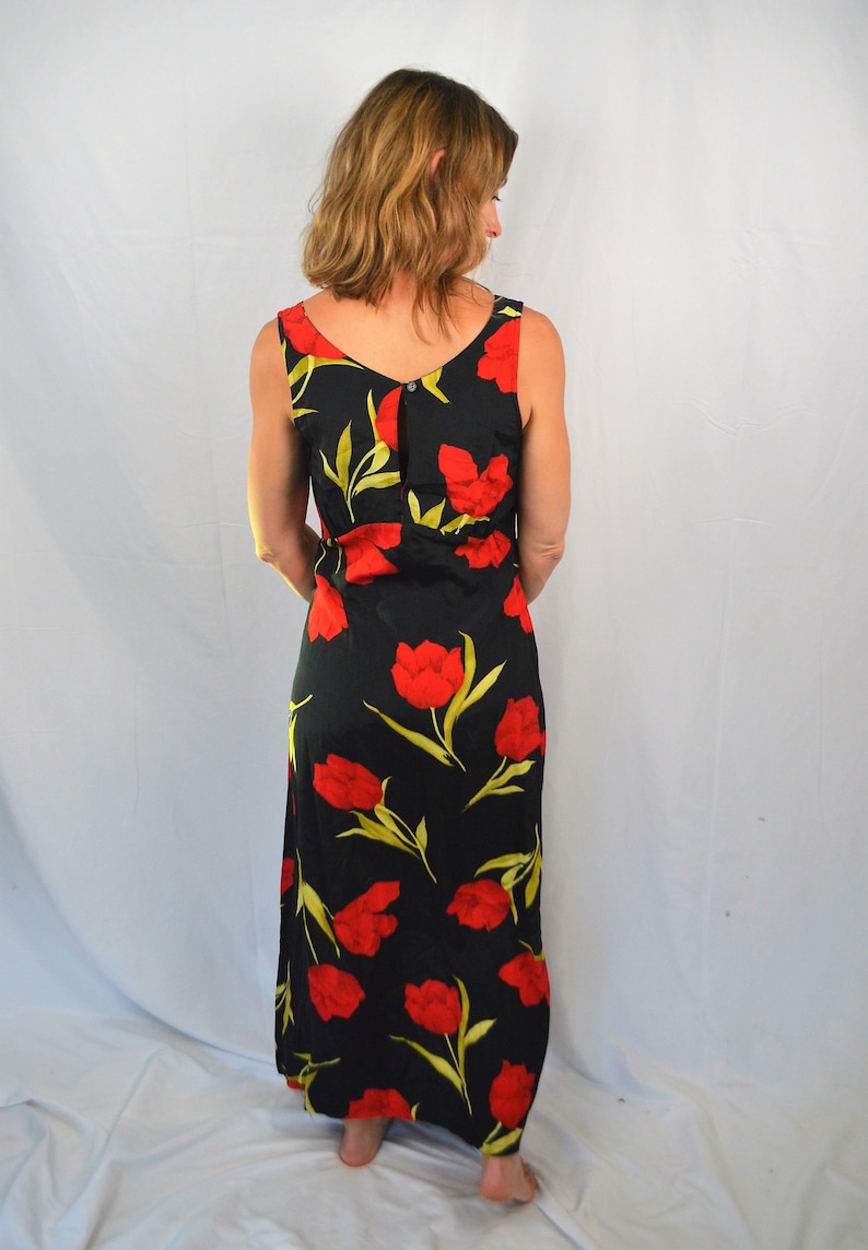 Vintage 90s XOXO Maxi Rose Fitted 1990s Rayon Dress